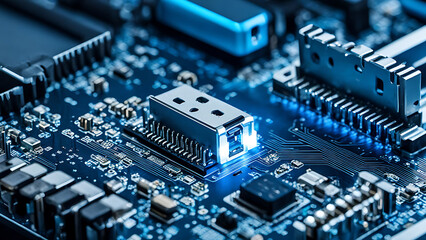 Macro shot of a USB connector port on a motherboard, showcasing the intricate metal pins and surrounding circuits with a soft blue glow.