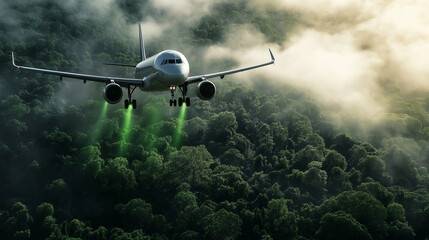 Fototapeta premium A plane in mid-flight, with green energy waves emanating from its engines, flying over a lush forest, symbolizing the use of sustainable fuel in aviation