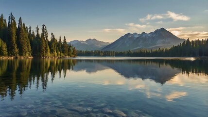 Lake by the mountains landscape view, clear sky and reflective clean water in nature beautiful scene