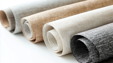 Multiple rolls of linen paper display intricate textures and natural colors, showcasing...