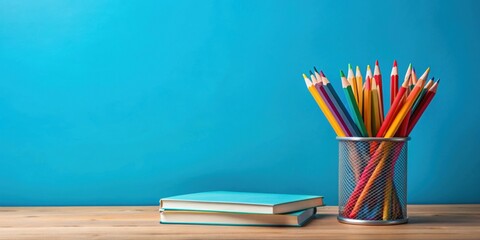 School desk with books and colorful pencils in pencil holder on blue background, school, desk, books, colorful