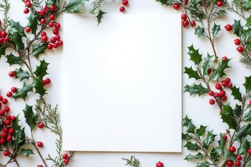Fototapeta premium Blank white paper surrounded by holly leaves and berries, perfect for a festive Christmas or holiday greeting card or message.