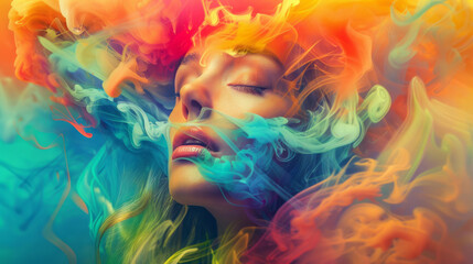 A beautiful woman is with colorful smoke flowing out of her head, showcasing vibrant colors.