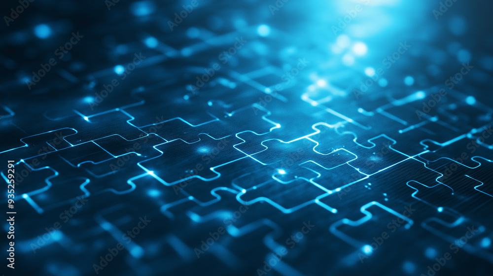 Poster digital puzzle pieces interlocking seamlessly, glowing against a futuristic blue abstract background