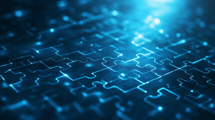 Digital puzzle pieces interlocking seamlessly, glowing against a futuristic blue abstract background, symbolizing the concept of API integration and seamless connectivity