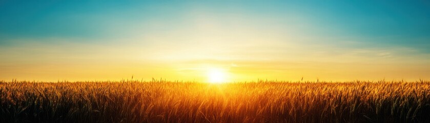 Fototapeta premium Serene Morning Bliss: Dewy Grass Field Under Clear Blue Sky with Sunlight Beams