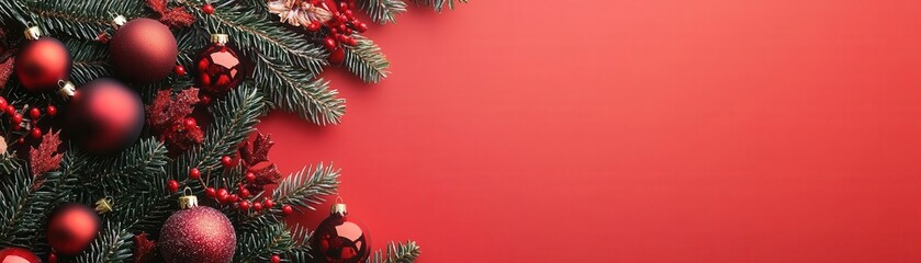 Festive Christmas background with pine branches, red ornaments, and berries on a vibrant red backdrop, perfect for holiday themes.
