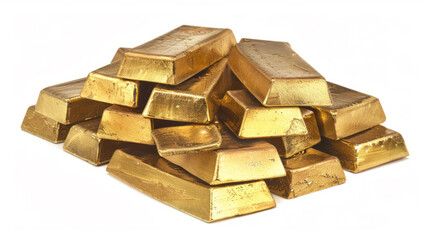 Gold ingots, stacked in a pyramid shape, are isolated on a white background.