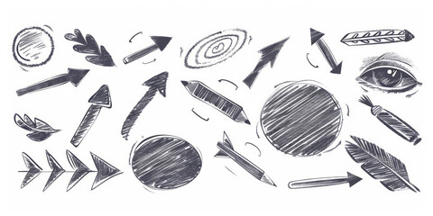 A set of hand-drawn doodle scribble elements, including a circle, oval, and arrows, on a white backdrop.