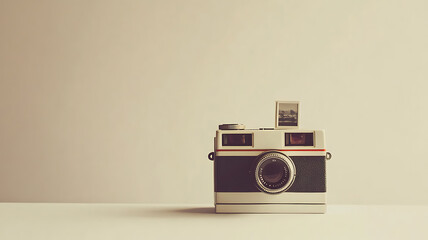 A classic Polaroid camera with a single instant photo emerging from it, set against a plain background, with subtle shadows and soft light highlighting the retro design.