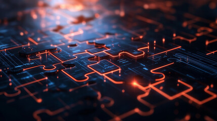 Fototapeta premium Digital puzzle pieces with glowing edges fitting together over a futuristic background of interconnected lines and nodes, symbolizing API interoperability