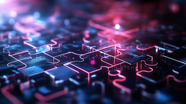API integration represented by interlocking digital puzzle pieces, illuminated against a high-tech, abstract backdrop with flowing data lines