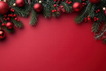 Festive holiday background with Christmas ornaments on pine branches against a red backdrop, perfect for seasonal greetings or invitations.