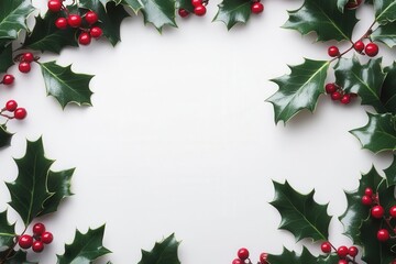 Festive holiday frame with green holly leaves and red berries on a white background, perfect for Christmas and winter themes.