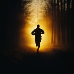 Obraz premium Serene Morning Run: Runner Enjoying Forest Trail with Mist and Sunlight