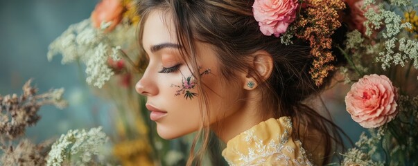 Naklejka premium Woman adorned with floral tattoos, reflecting creative and distinct beauty.