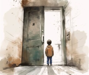 Fototapeta premium Emotional Illustrative Artwork of a Child Standing at an Open Door Symbolizing New Beginnings and Hope