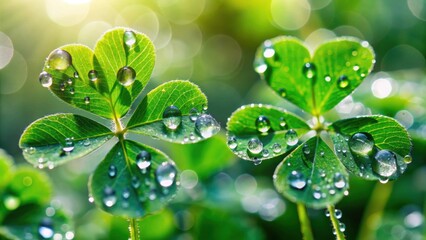 Clover leaves with water drops a symbol of freshness and luck , green, nature, plant, clover, leaf, water drops, dew, wet