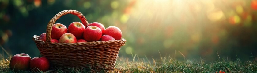 Bountiful Harvest: Basket of Freshly Picked Apples in Sunlit Orchard