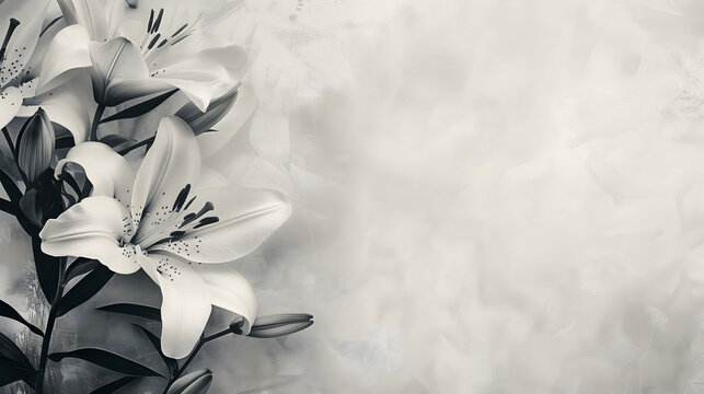 Condolence card with lily flowers bouquet, monochrome black and white template, grey background with Copy Space