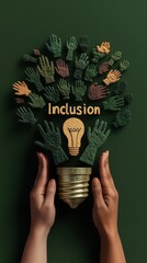 3D model of diverse hands raising a light bulb with the word "Inclusion" representing ideas and inclusive learning, isolated background, green.