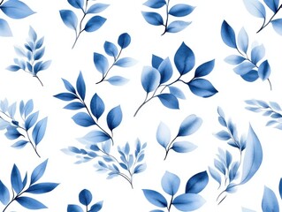 Fototapeta premium A seamless watercolor illustration of boho blue leaf motifs featuring natural elements, set against a white background.