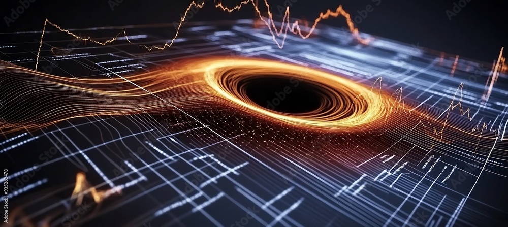 Poster depict black hole as the source of a 3d cosmic mystery where 2d light particles and energy are pulle