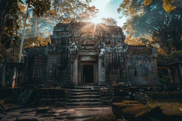 Stone steps leading to the entrance of an ancient Mayan temple ruin surrounded by dense jungle vegetation and tall trees