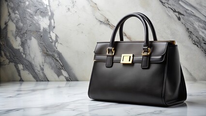 A stylish black leather handbag with gold hardware lying on a marble table , fashion, accessories, luxury, purse