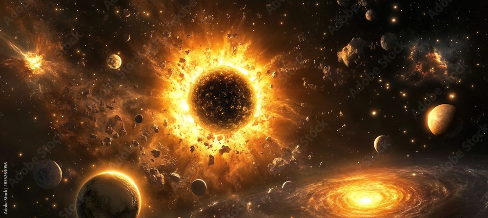 Poster depict black hole as the source of a 3d cosmic mystery where 2d light particles and energy are pulle