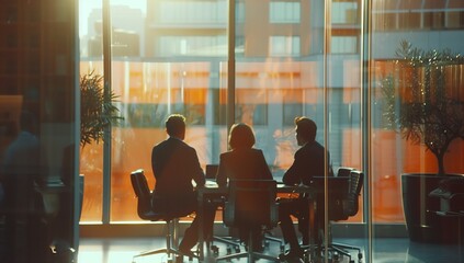 Three business people sitting in the conference room, looking at each other and having an office meeting with orange glass walls outside.