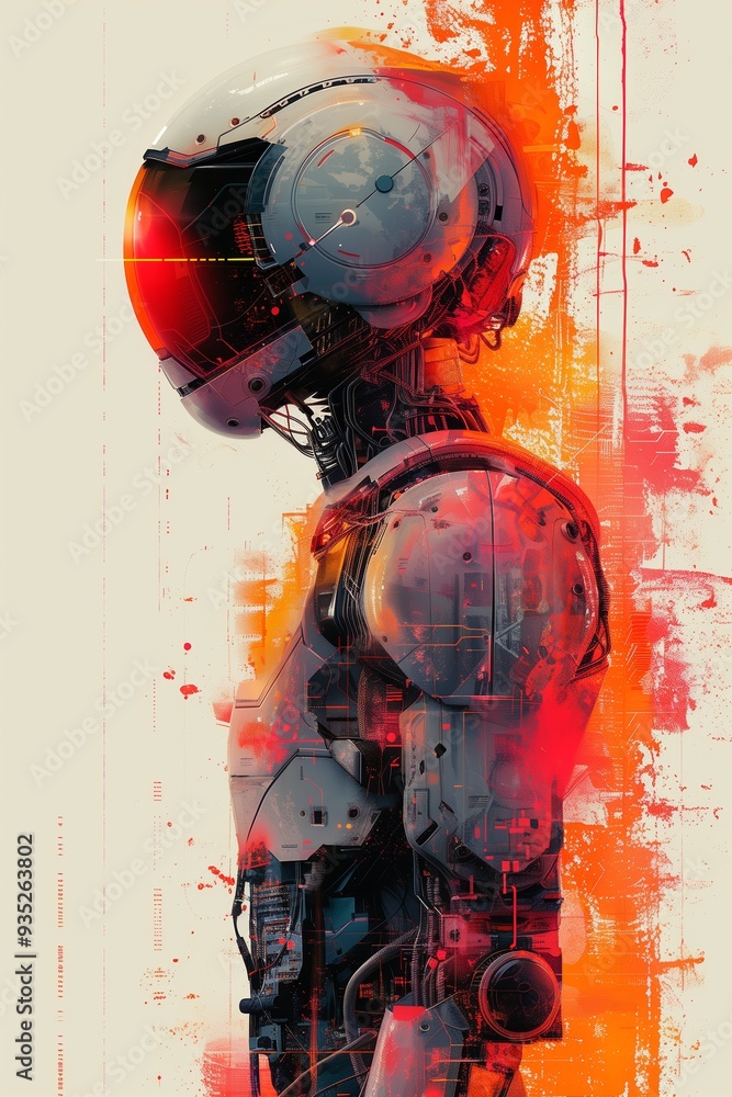 Poster futuristic robot design displaying intricate details against a vibrant orange background