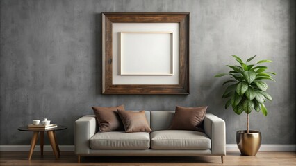 Living room wall art mockup featuring a square dark wood frame on a gray wall , interior design, home decor