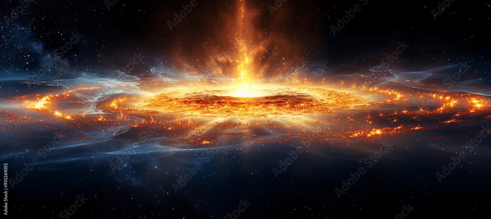 Poster depict black hole at the center of a 3d cosmic mystery with 2d light waves being pulled into the unk