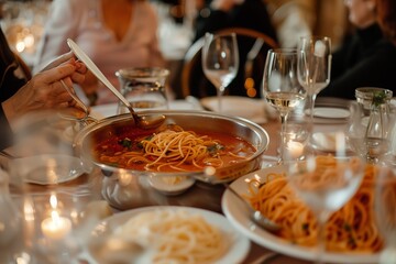 A photo of people enjoying pasta with tomato sauce at a wedding table
