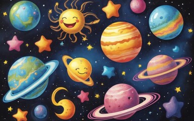 Colorful planet and star illustrations on black background, feat