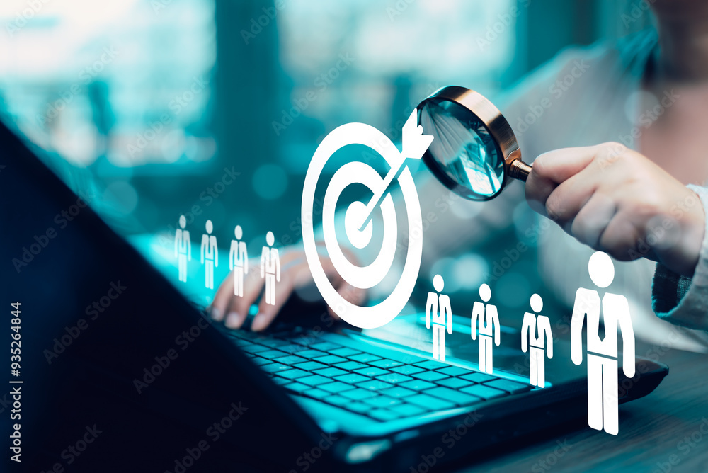 Poster target with customer relationship management, business people use laptops with global structure cust