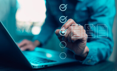 Online survey filling out and digital form checklist by laptop computer, Document Management...