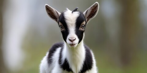 Obraz premium Cute baby goat with black and white fur, standing in a grassy fi
