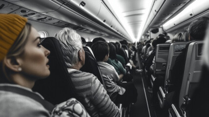 Naklejka premium Passengers sitting in airplane seats during flight