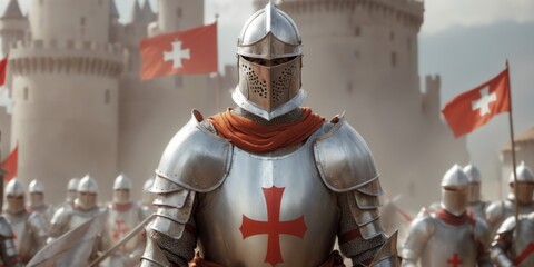 Naklejka premium Knight in full armor with red cross, holding sword and shield, i