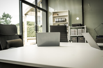 A modern office desk with a laptop, monitor, and plant. sleek, minimal design features open space, technology and productivity. room is empty, offering a clean and organized workspace.