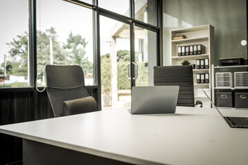 A modern office desk with a laptop, monitor, and plant. sleek, minimal design features open space, technology and productivity. room is empty, offering a clean and organized workspace.