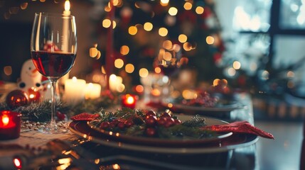 A warm and inviting Christmas dinner table is set with elegant plates, glasses of red wine, and festive decorations, creating a joyful holiday atmosphere