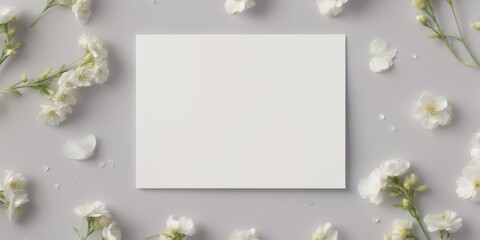 Minimalistic flat lay of white card with floral design on light