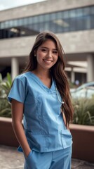 A young woman in blue scrubs stands outside a contemporary building, beaming with a warm smile. She exudes confidence and joy, embodying a positive spirit in her professional attire