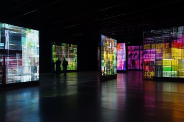 Colorful digital art panels illuminate a dark gallery space, with silhouettes of visitors observing the vibrant displays.