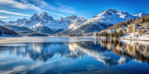 Stunning view of St. Moritz, Switzerland with snow-capped mountains and frozen lake, St. Moritz, Switzerland, alpine