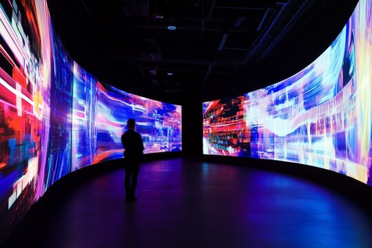 A person observes a vibrant digital art display on large screens, creating a modern and immersive visual experience.