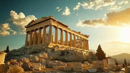 Obraz premium A summer sunset at the Parthenon Temple atop the hilltop in Athens, Greece's Acropolis